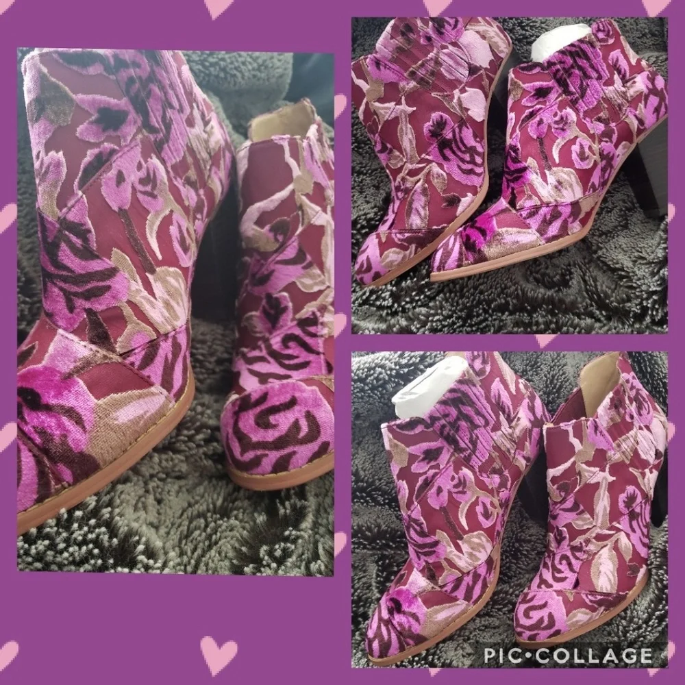 Anthropologie Pink and Burgundy Floral Velvet Ankle Boots